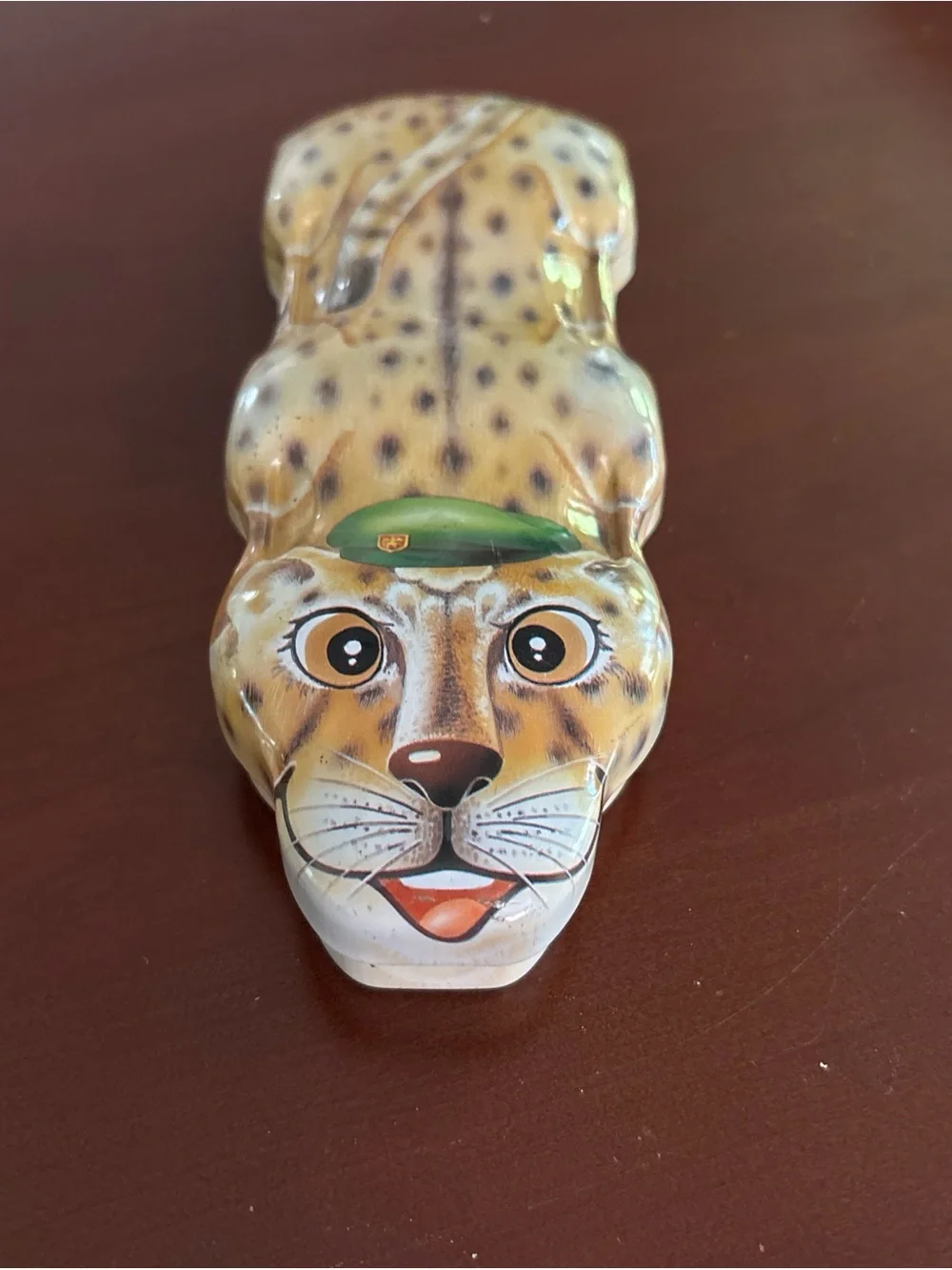 Vintage Cheetah Hinged Trinket Box Green Beret Figural Keepsake Jewelry Box